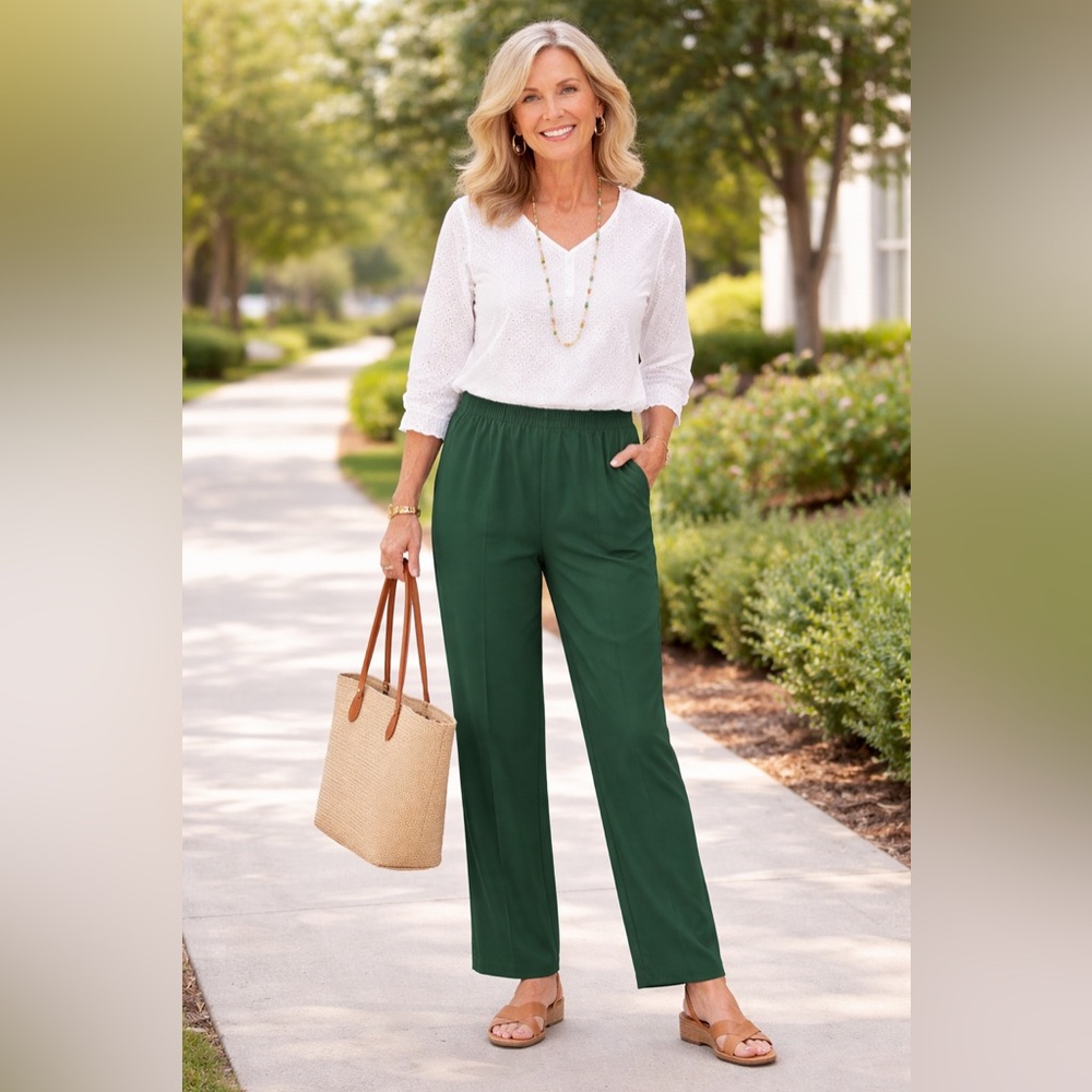 BonWorth Pull-On Pants Pine Green Elastic Waist Pockets